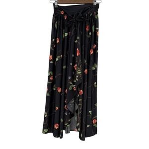 Vtg e-Stewart Black Floral Print Wrap Tie Swim Skirt Sz M USA Boho Vacation